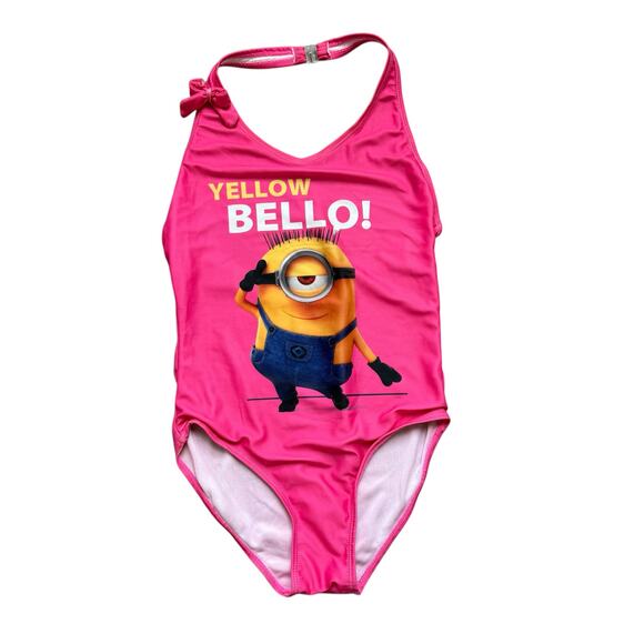 Girls 12 Despicable Me Hot Pink Minion Halter One Piece Swimsuit - Picture 1 of 2
